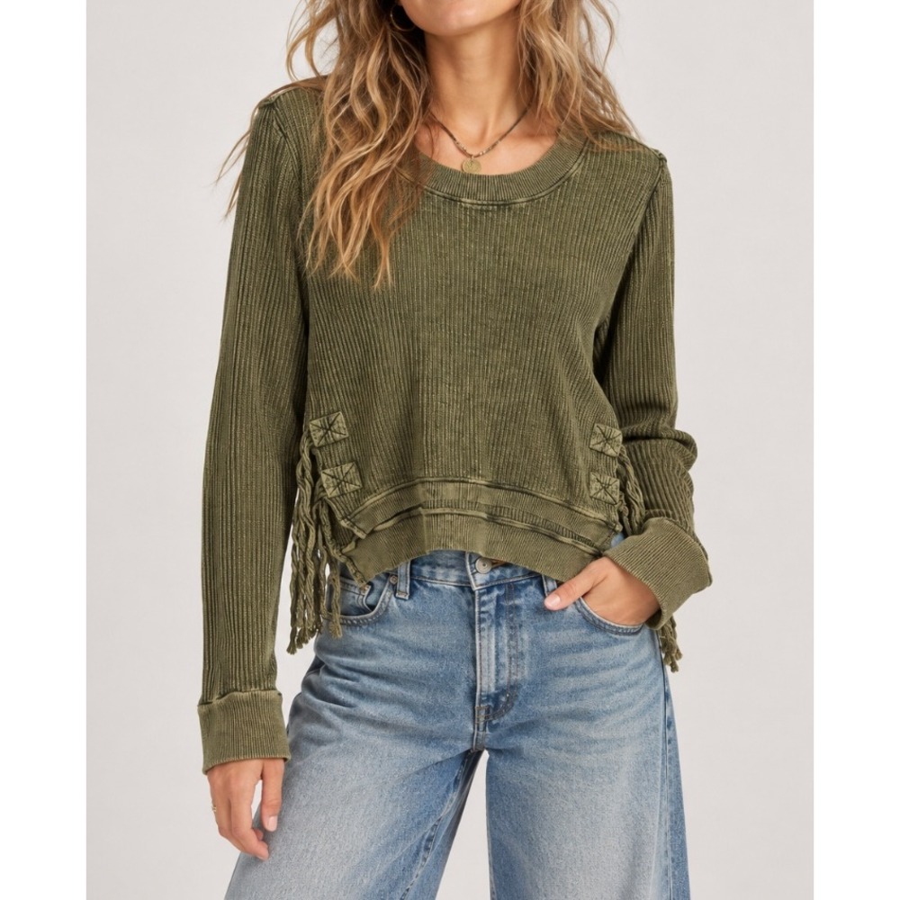 Free People FP One Interlaken Olive Green Waffle Knit Thermal Fringe Sweater S